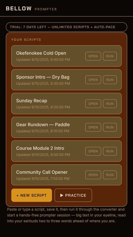 The Bellow script list on a phone, showing saved scripts with Open and Run buttons